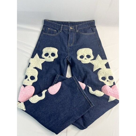 Made Extreme Black Air Blue Jeans Straight Leg Skull Motif Women Size 7 Waist 29 - Picture 1 of 7